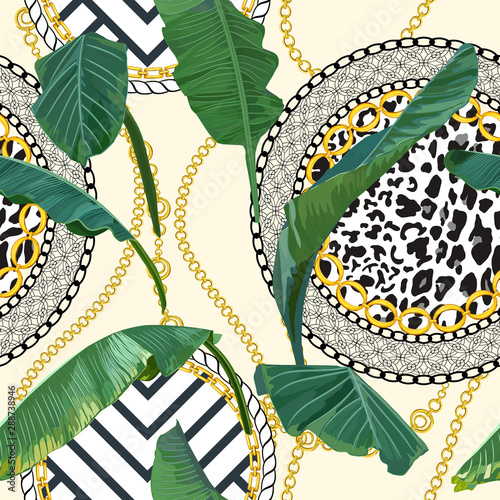 Chain seamless pattern with tropical leaves. Baroque trend. Gold stripes. Vec...