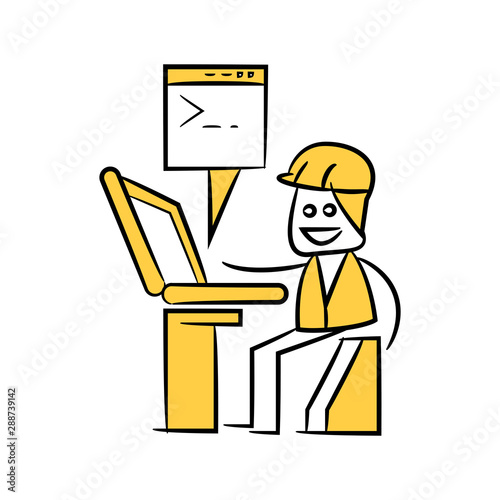 engineer coding on laptop yellow stick figure theme