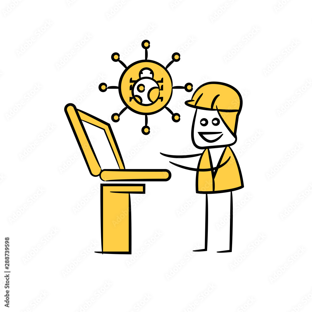 engineer working on laptop and bug spam yellow stick figure theme engineer working on laptop and bug spam yellow stick figure theme