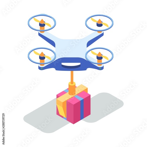 Modern technology, mobile delivery service by air. Drone flying with cardboard box. Quadrocopter carrying parcel, goods to point of destination. Online shopping, ordering, transportation concept.