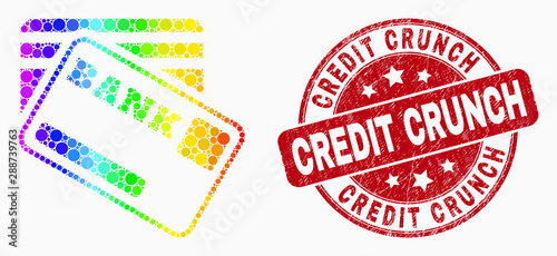 Dotted spectrum bank cards mosaic pictogram and Credit Crunch seal stamp. Red vector round scratched seal with Credit Crunch caption. Vector combination in flat style.