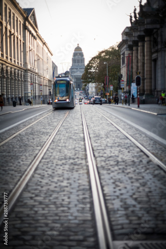 Tram in a street in Brussels, Belgium