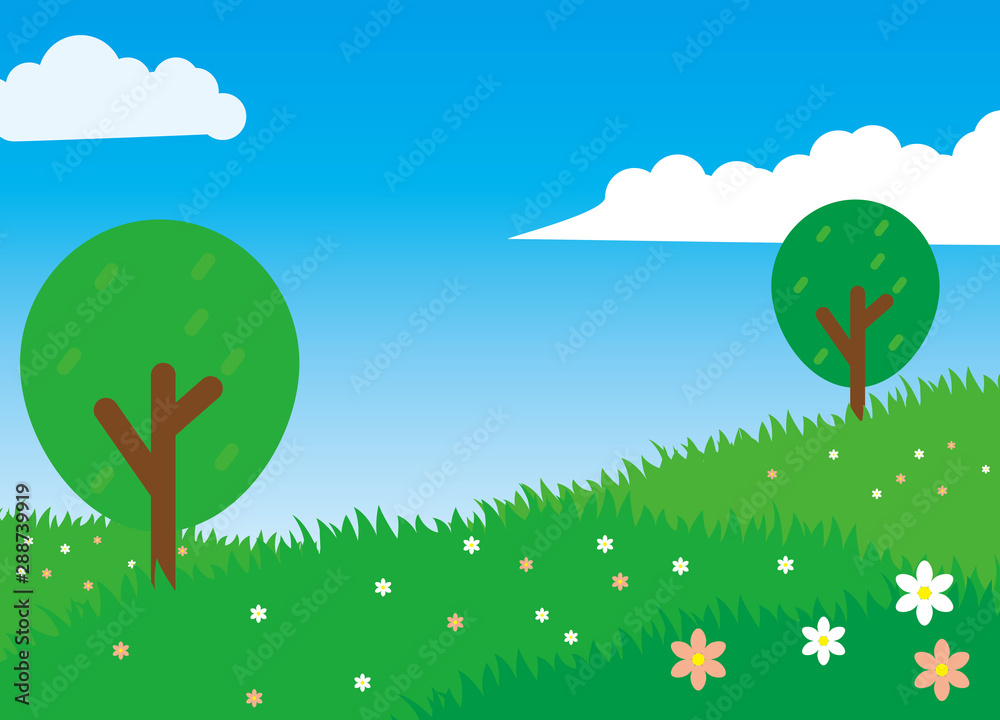 Nature landscape cartoon illustration green grass, flower, trees and blue  sky suitable for kids background Stock Vector | Adobe Stock