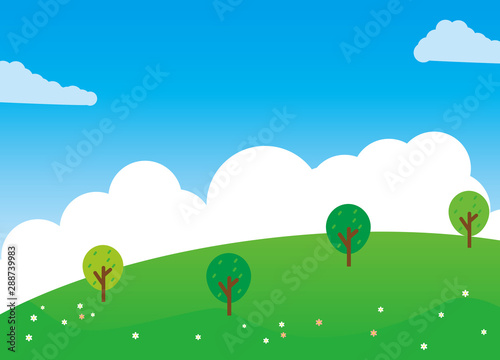 Nature landscape cartoon illustration green grass  flower  trees and blue sky suitable for kids background