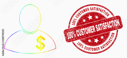 Pixel rainbow gradiented banker mosaic pictogram and 100% Customer Satisfaction seal. Red vector rounded scratched stamp with 100% Customer Satisfaction message. Vector composition in flat style.