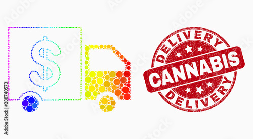 Pixel bright spectral banking delivery mosaic icon and Delivery Cannabis seal stamp. Red vector rounded distress seal stamp with Delivery Cannabis phrase. Vector collage in flat style.