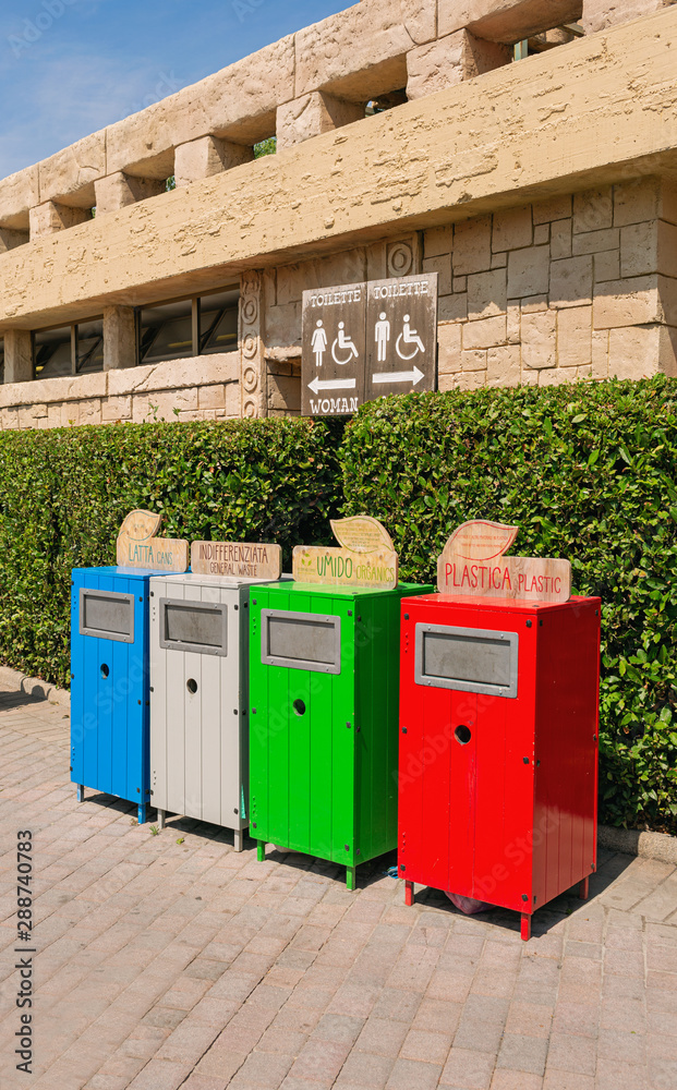 Castelnuovo del Garda, Italy - August 13 2019: Sorting waste bins. Gardaland Theme Park in Castelnuovo Del Garda, Verona, Italy