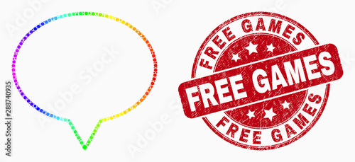 Pixel rainbow gradiented banner balloon mosaic icon and Free Games stamp. Red vector rounded scratched seal stamp with Free Games title. Vector combination in flat style.