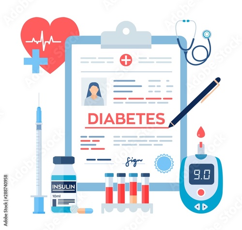 Medical diagnosis - Diabetes. Diabetes mellitus type 2 and insulin production concept. Blood glucose meter, pills, syringe and insulin vial. Vector illustration.