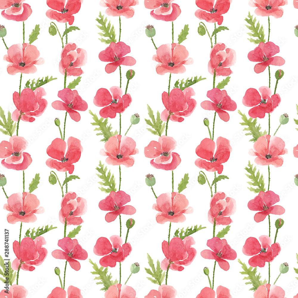 Watercolor hand drawn seamless pattern with wild red poppies flowers isolated on white background Watercolor hand drawn seamless pattern with wild red poppies flowers isolated on white background
