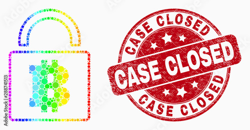 Dot bright spectral bitcoin lock mosaic icon and Case Closed watermark. Red vector rounded distress seal stamp with Case Closed caption. Vector combination in flat style.