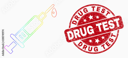 Pixelated spectral blood syringe mosaic pictogram and Drug Test stamp. Red vector round distress stamp with Drug Test title. Vector composition in flat style.
