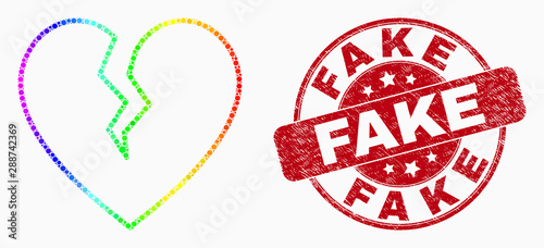Dot bright spectral broken heart mosaic pictogram and Fake stamp. Red vector round scratched seal stamp with Fake text. Vector composition in flat style.
