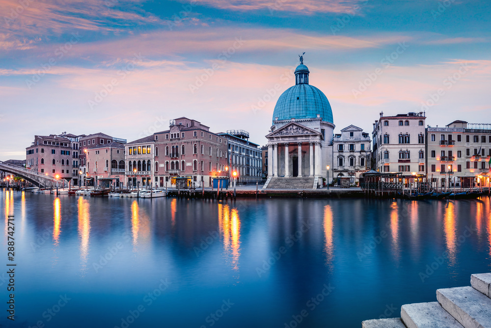 Fantastic spring sunrise in Venice with San Simeone Piccolo church. Colorful morning scene in Italy, Europe. Magnificent Mediterranean landscape. Traveling concept background.