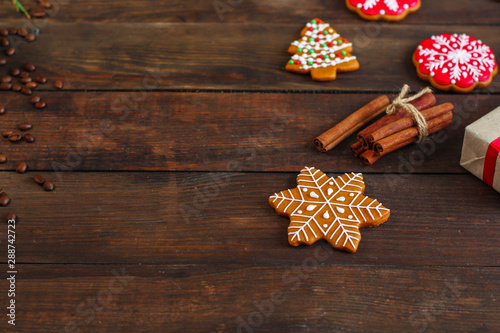 gingerbread, coffee and coffee beans (festive atmosphere christmas) happy new year. top food background. copy space