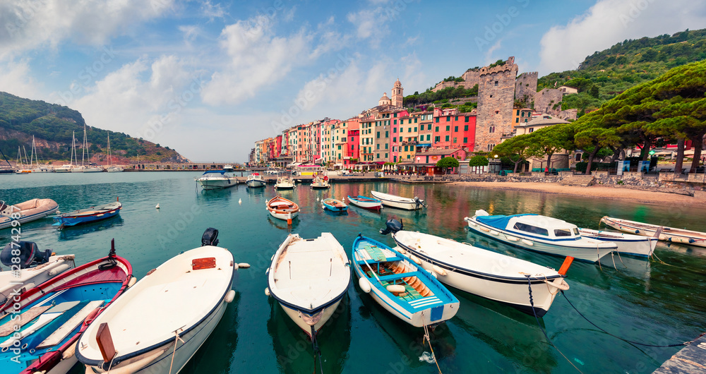 Wonderful morning view of Portovenere town. Magnificent spring seascape of Mediterranean sea,  Liguria, province of La Spezia, Italy, Europe. Traveling concept background.