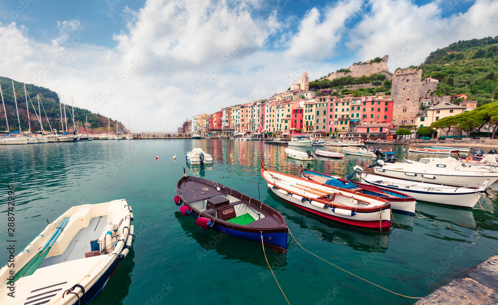 Picturesque morning view of Portovenere town. Stunning spring seascape of Mediterranean sea,  Liguria, province of La Spezia, Italy, Europe. Traveling concept background.