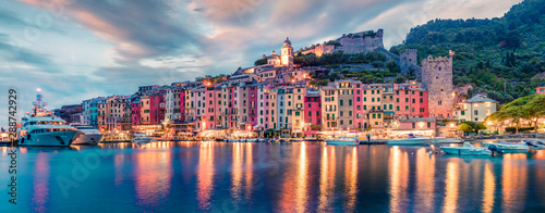 Fantastic spring panorama of Portovenere town. Splendid evening scene of Mediterranean sea, Liguria, province of La Spezia, Italy, Europe. Traveling concept background.