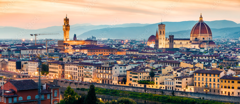 Illuminated spring cityscape of Florence with Cathedral of Santa Maria del Fiore (Duomo). Impressive morning scene of Tuscany, Italy, Europe. Traveling concept background. Orton Effect.