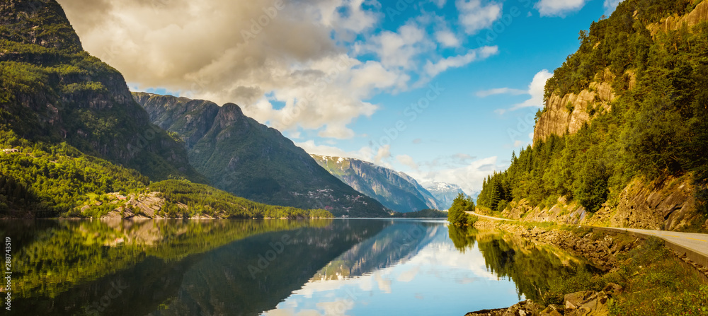 Summer Hardanger Fjord near Trolltunga, Norway landscape - obrazy, fototapety, plakaty 