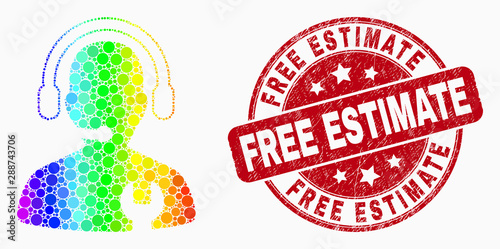 Pixelated rainbow gradiented call center serviceman mosaic icon and Free Estimate stamp. Red vector round textured stamp with Free Estimate title. Vector collage in flat style.