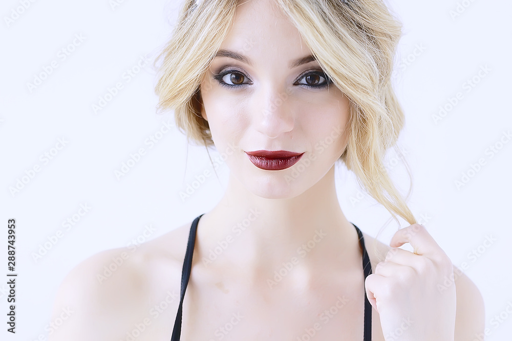 blonde portrait make-up white background / professional bright model make-up blond on white background, portrait of beautiful model blonde portrait make-up white background / professional bright model make-up blond on white background, portrait of beautiful model