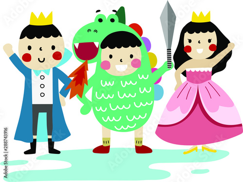 Cartoon vector illustration of cute fairy tale story. kids dress up and play together to be prince, princess, knight and dragon they are friends.