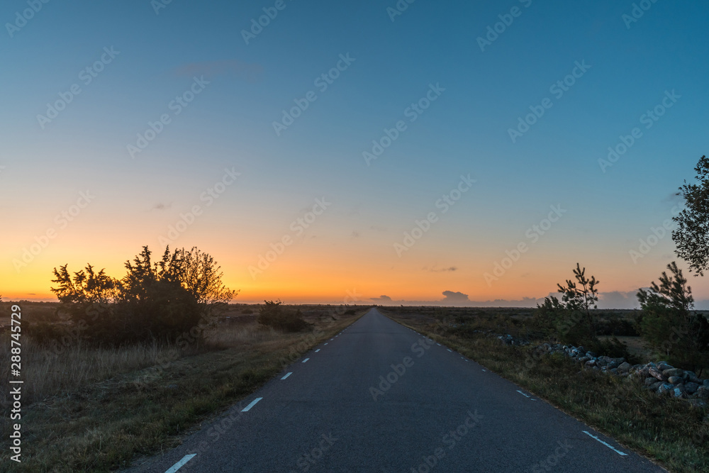 Sunrise at a country road in a plane barren landscape