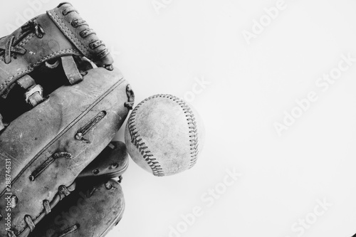 Isolated ball with mitt for baseball background, sports copy space.