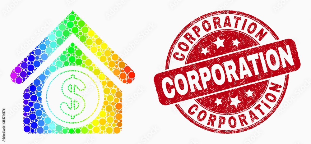 Dot bright spectral commercial building mosaic icon and Corporation stamp. Red vector rounded distress seal with Corporation phrase. Vector composition in flat style.