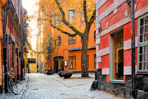 Colorful leafy corner of Gamla Stan, the Old Town of Stockholm, Sweden during autumn