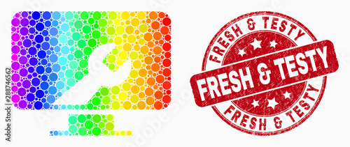 Dot rainbow gradiented computer settings wrench mosaic pictogram and Fresh & Testy seal. Red vector rounded textured seal stamp with Fresh & Testy phrase. Vector collage in flat style.