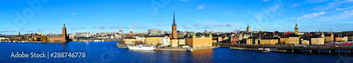 Panoramic view of the cityscape of Stockholm, Sweden with City Hall and Gamla Stan