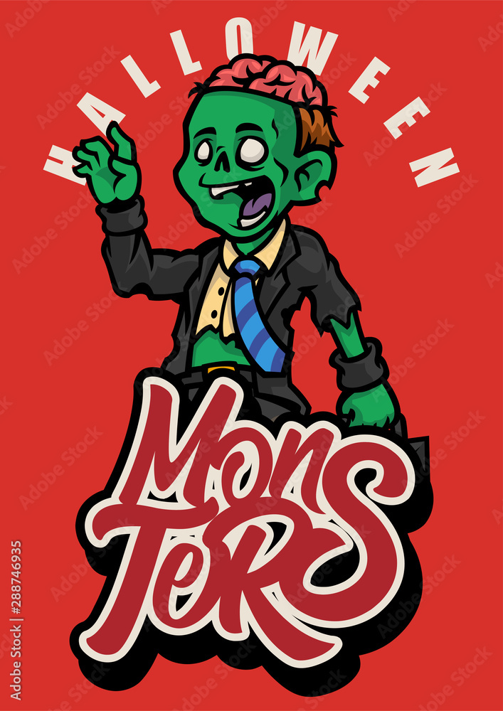employe zombie man character wearing a torn suit is carrying a suitcase vector illustration poster invitation