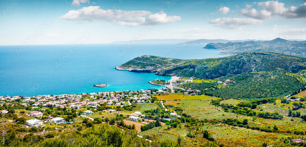 Aerial panorama of Paralia Kakis Thalassis village. Bright spring seascape of Aegean sea. Sunny morning scene of the Greece, Europe. Beauty of nature concept background.