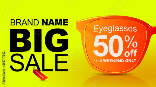 Sunglasses sale banner. Big sale 50 off. Summer discount banner with abstract glasses.