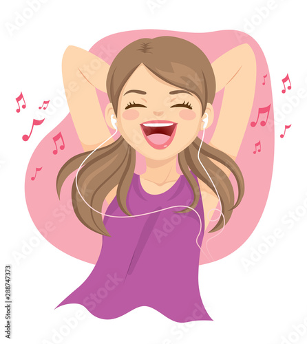 Teenager woman cheerful listening to music with white earphones