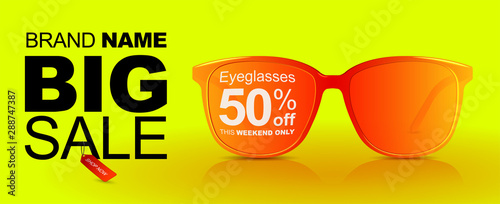 Sunglasses sale banner. Big sale 50 off. Summer discount banner with abstract glasses.