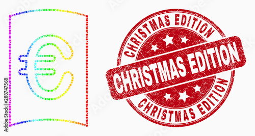 Pixel rainbow gradiented currency handbook mosaic pictogram and Christmas Edition seal stamp. Red vector rounded scratched seal stamp with Christmas Edition phrase. Vector composition in flat style.