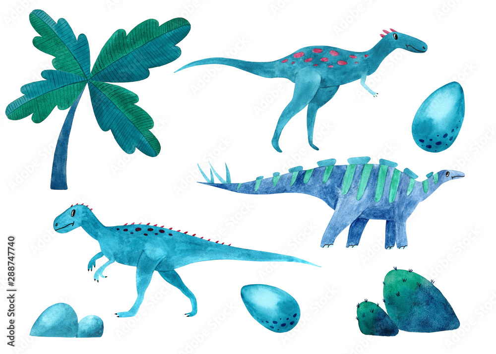 A large set of several dinosaurs, palm and egg, drawn in one style, blue and green color, for the decoration of textiles, children's books. On a white background, isolated. Cute fossil animals. A large set of several dinosaurs, palm and egg, drawn in one style, blue and green color, for the decoration of textiles, children's books. On a white background, isolated. Cute fossil animals.