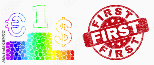 Dotted rainbow gradiented currency pedestal mosaic pictogram and First seal stamp. Red vector rounded scratched seal stamp with First phrase. Vector combination in flat style.