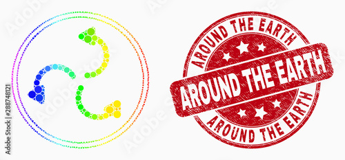 Dot bright spectral cyclone arrows mosaic pictogram and Around the Earth stamp. Red vector rounded scratched seal stamp with Around the Earth caption. Vector combination in flat style.
