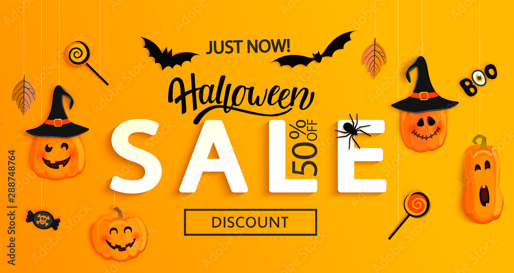 Halloween Sale banner. Just now Discount poster with holiday symbols