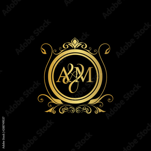 A & M AM logo initial Luxury ornament emblem. Initial luxury art vector  mark logo, gold color on black background. Stock Vector