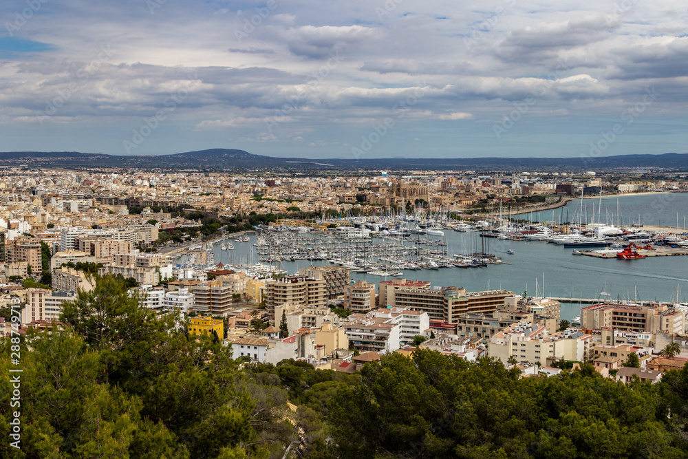 Panoramic view at the harbor of Palma on balearic island Mallorca, Spain on a sunny day