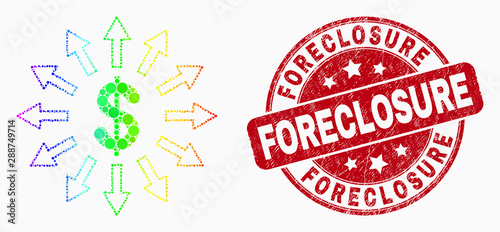 Pixelated spectral dollar emission mosaic icon and Foreclosure seal stamp. Red vector rounded grunge watermark with Foreclosure phrase. Vector collage in flat style.
