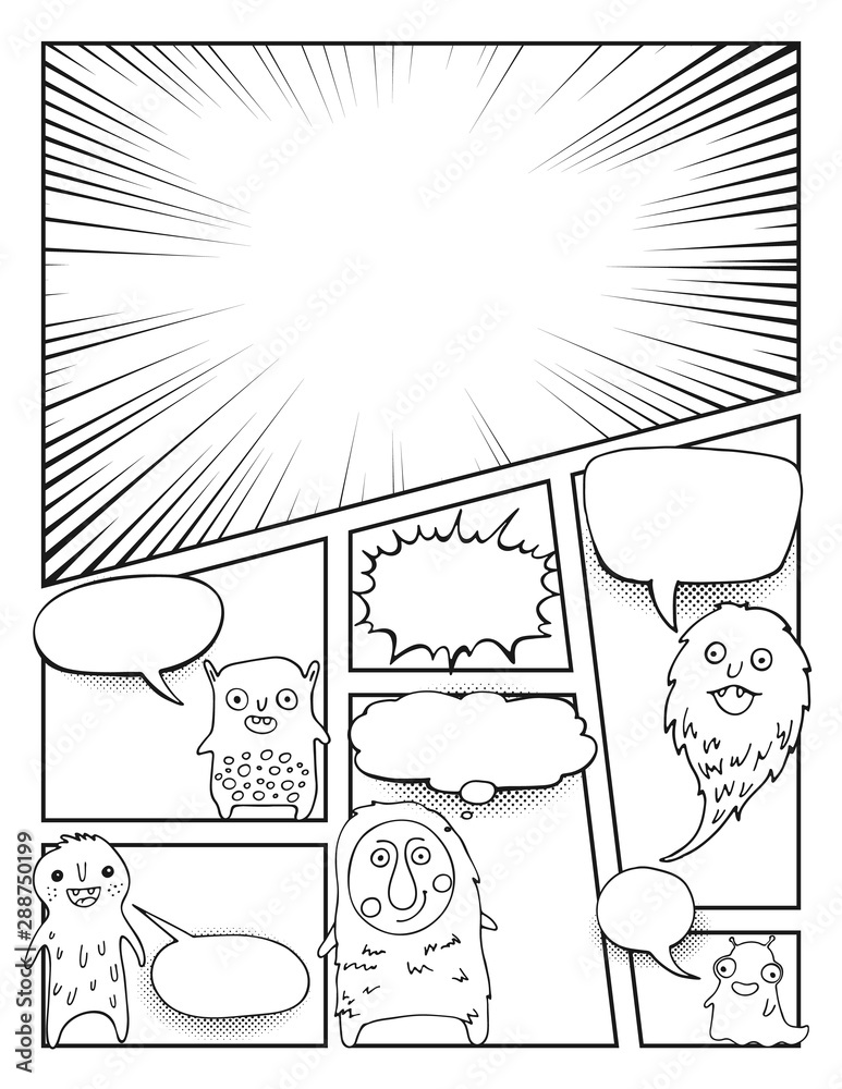 black and white Comic book page template with cute monsters Stock ...