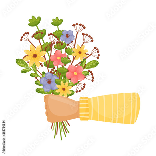 Hand in a sleeve holds a bouquet of flowers and leaves. Vector illustration on a white background.