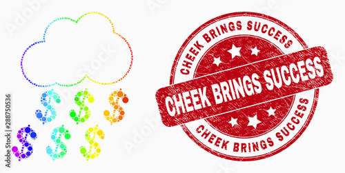 Dot spectral dollar rain cloud mosaic icon and Cheek Brings Success seal. Red vector rounded distress seal stamp with Cheek Brings Success text. Vector composition in flat style.