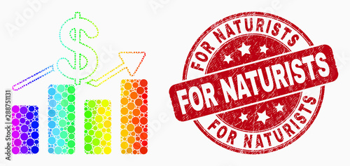Pixel spectral dollar trends mosaic pictogram and For Naturists stamp. Red vector rounded scratched watermark with For Naturists title. Vector collage in flat style.
